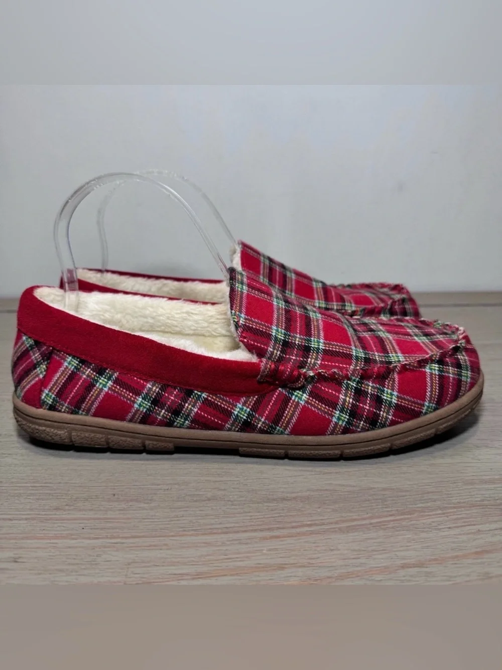 Lands‎ End Men’s Red Plaid Flannel Faux Shearling Lined Moccasin Slippers Size 8